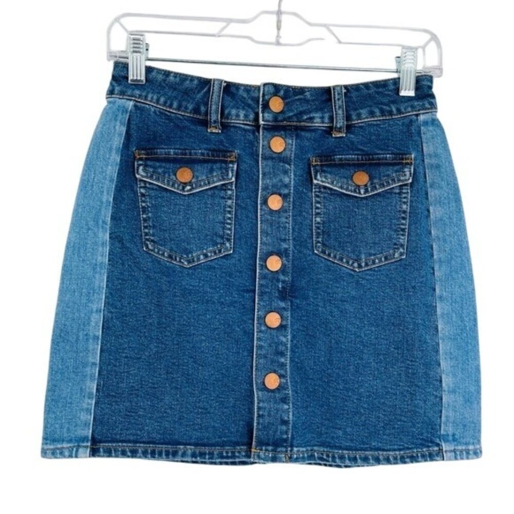 Madewell Straight Mini Denim Skirt Womens 25 Blue Two Tone Preppy Stretch